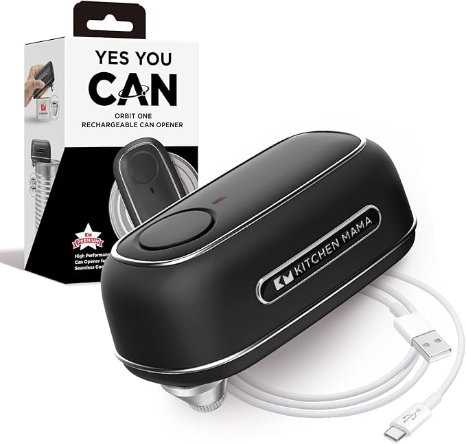 Kitchen Mama Orbit One Rechargeable Electric Can Opener: Hands-free, USB-C Charging, Automatic Stop, Smooth Edge, Safety, Blade for Large Cans, Heavy Duty, Soda and Pop Can, with Storage Box (Black)