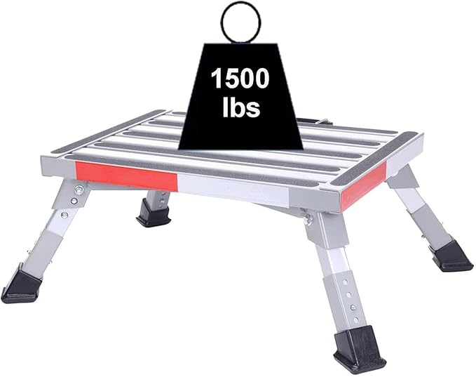 Homeon Wheels 19" x 14.5" Large RV Step Stool, Adjustable Height Aluminum Folding Platform Step and Ladder with Non-Slip Rubber Feet, More Stable Supports Up to 1,500lbs Safety RV Steps