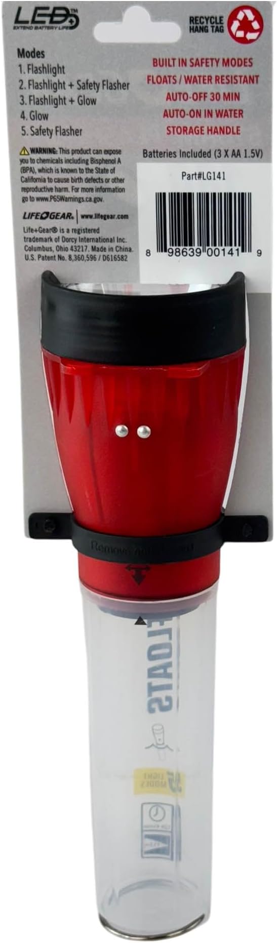 Life Gear LED Flashlight with Glow Handle, Emergency Flasher and Storage Compartment, RED,White/Red