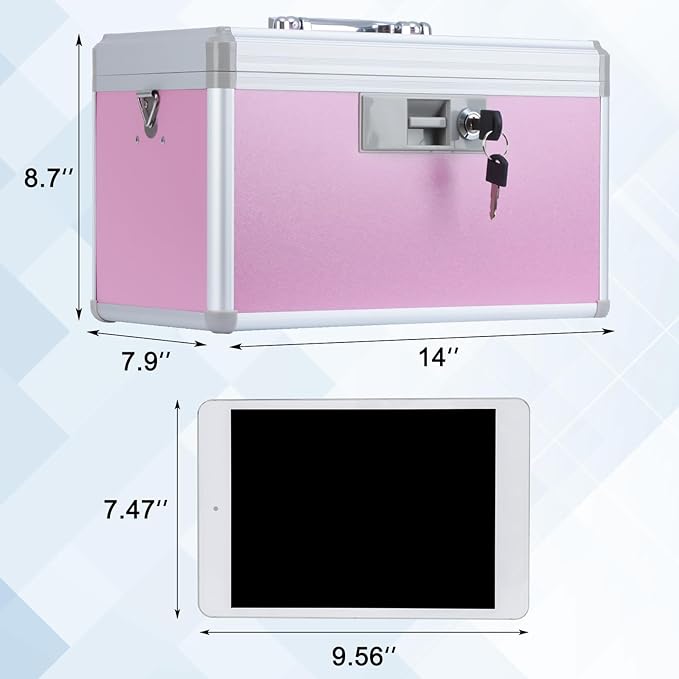 14" Medicine Lock Box, First Aid Safe Medication Storage Box,Aluminum Daily Medicine Cabinet,Key Medication Locking Storage Box for Family Use,14" x 7.9" x 8.7", Pink