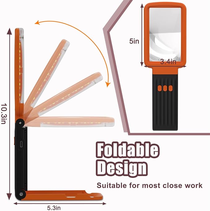 15X Magnifying Glass with Light and Stand, Real Glass Lens, Rechargeable Foldable Handheld Magnifier, 3 Color Modes Dimmable Lighted Page Magnifier for Reading Fine Prints Seniors, Orange Black