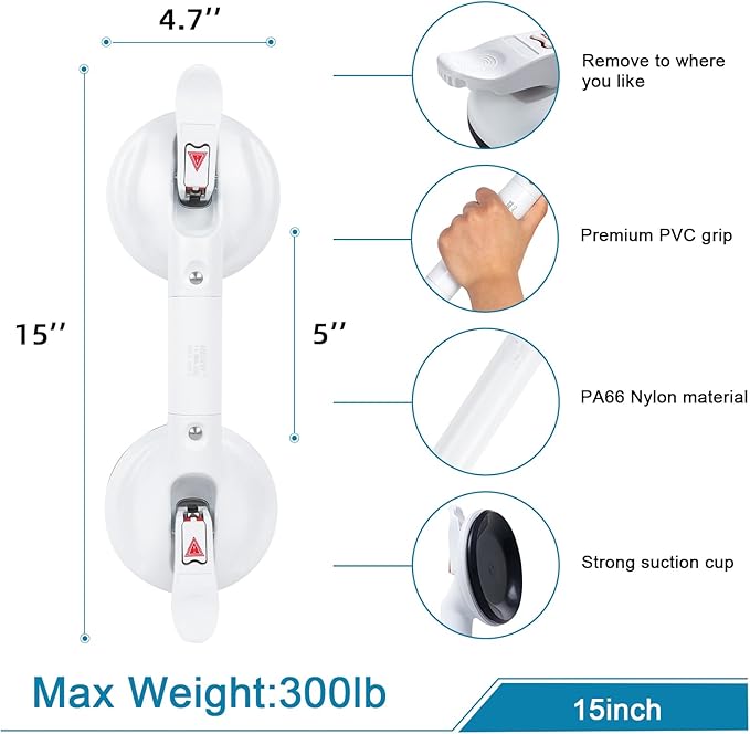 15inch Suction Shower Grab Bar, Portable Shower Handle Bar Suction Grip Bar Bathtub Handle with Strong Hold Suction Cup Fitting and Rapid Release for Bathroom(Max Capacity :300lb
