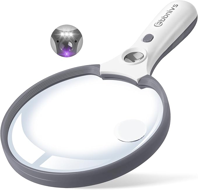 Large Magnifying Glass with Light, Magnifier Handheld Illuminated Lighted Magnifier with 3 LED Lights 1UV Light Storage Bag Clean Cloth for Seniors Reading Inspection (Grey)
