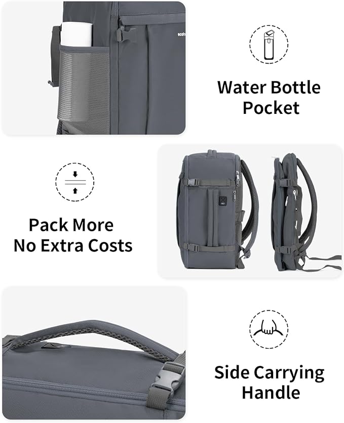 ECOHUB 17'' Small Travel Backpack, United Airlines Personal Item Bag 16.9"x10"x7.5" Carry on Backpack with USB Port Luggage Sleeve Travel Essentials for Men Women Water Resistant, Grey