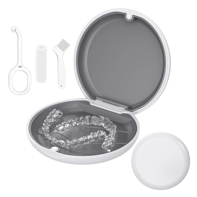 Retainer Case, Slim Aligner Cases for Invisalign, Mouthguard Case with Removal Tools& Aligners Chewies& Brush, Removable Inner Tray Silicone for Easy Cleanin (White)