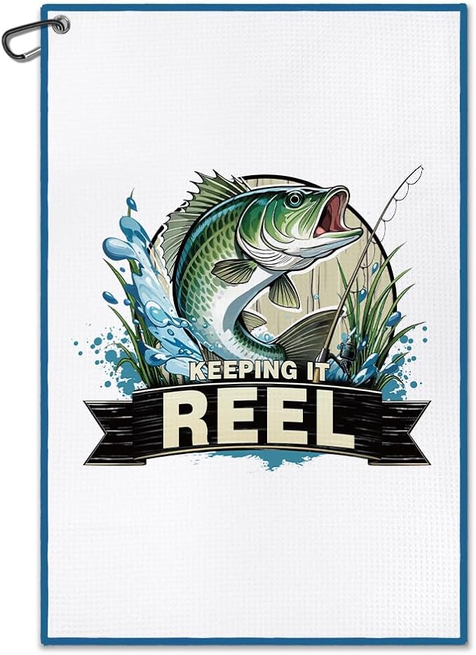 DYJYBMY Keeping It Reel Printed Golf Towel with Clip, Retro Sea bass Sport Towel for Fishing Lover, Retirement Gifts for Coworker, Father's Day Birthday Appreciation Gifts for Husband Dad Grandpa