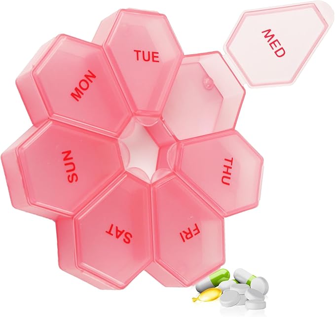 7-Day Weekly Pill Organizer and Daily Vitamin Case - Pill Box for Medication Management (Pinkish-red)