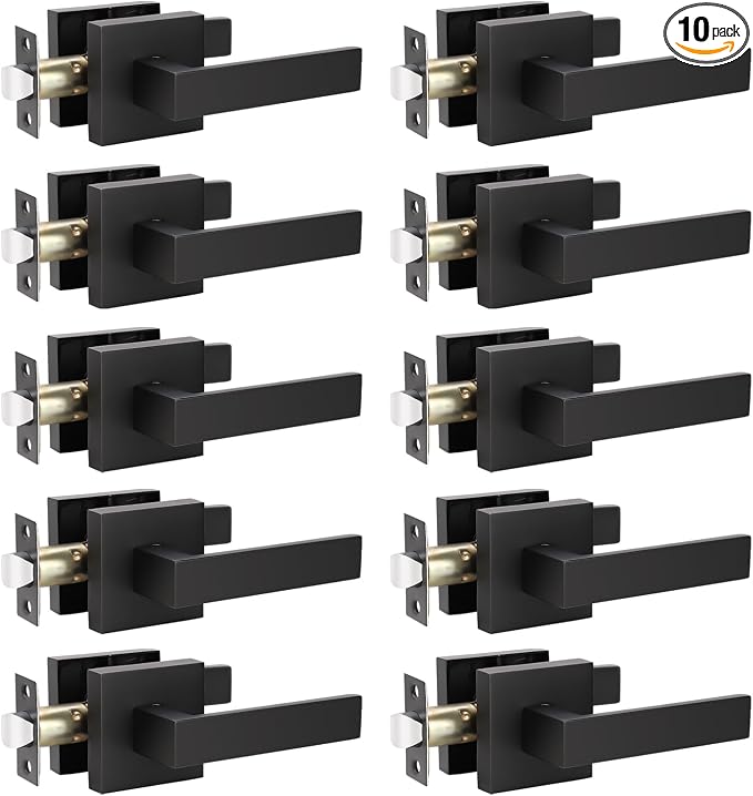 KNOBWELL 10 Pack Premium Matte Black Door Handle Passage Lever Heavy Duty Handleset, Closet Door Handles for Left or Right Handing, Modern Square Doorknob