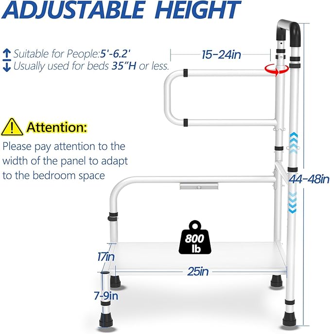 Bed Step Stool for Elderly/High Bed, 360 ° Anti Fall Armrest，Support 800 lbs, 8-Level Adjustable Height, Storage Bag, Memory Sponge Carpet, USB Light, 3 4m Fixed Strap, for Bed Height Below 40″