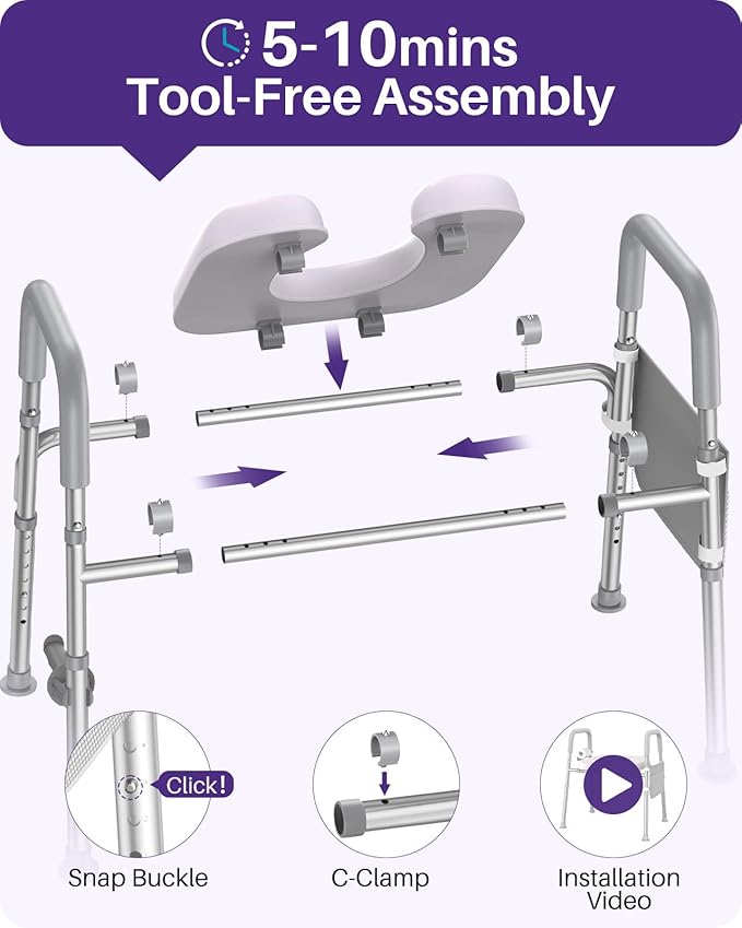 KEKOY Toilet Seat Risers for Seniors, Adjustable Height Width, Fits Most Users | Padded Elevated with Handles, Tool Free Install, Fits Most Round Elongated Toilets for Handicap,Ideal for Bathroom, Grey