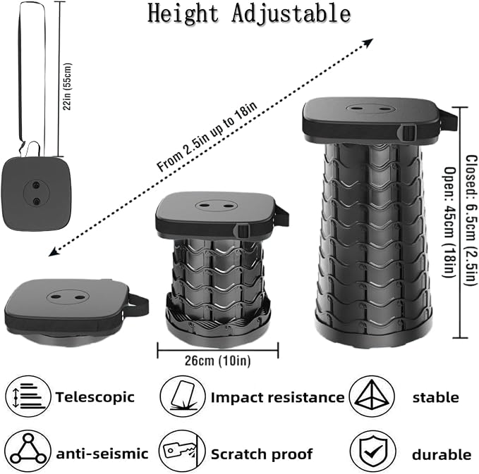 Upgraded Collapsible Stool Portable for Adults Heavy Duty, 620lbs Max Weight, Square Foldable Stool Thickened Telescoping Folding Seat for Camping Hiking, Outdoor, Travel(Square) (Black)
