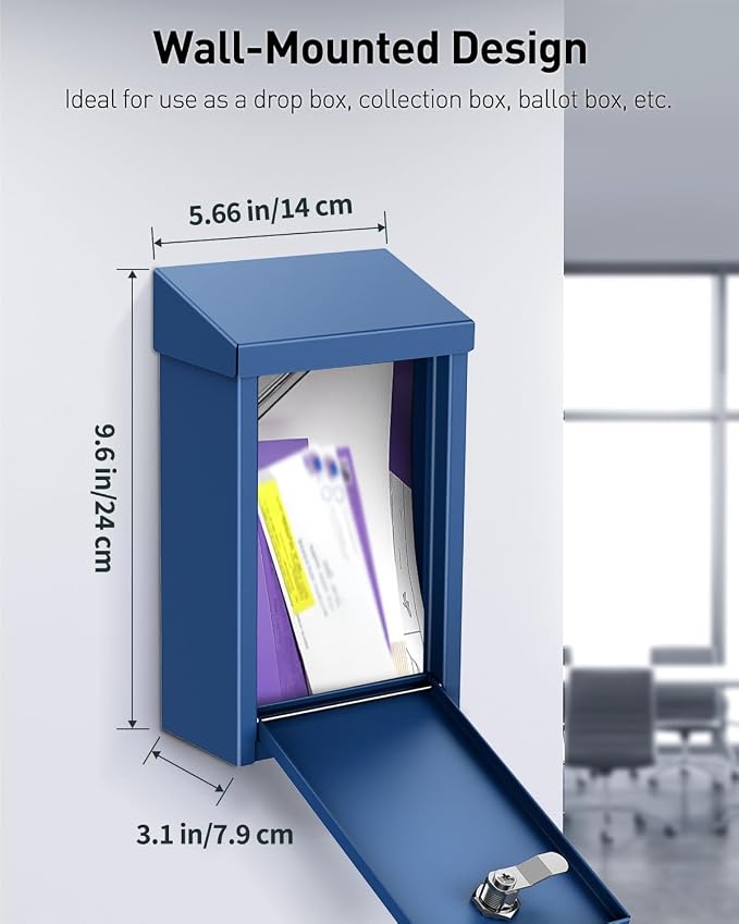 Uniclife Blue Metal Donation Box, Wall Mounted Mailbox for Outside | Safe Suggestion Box with Key Lock, Steel Key Drop Box for Outside, Cash Box for Home Office and Business