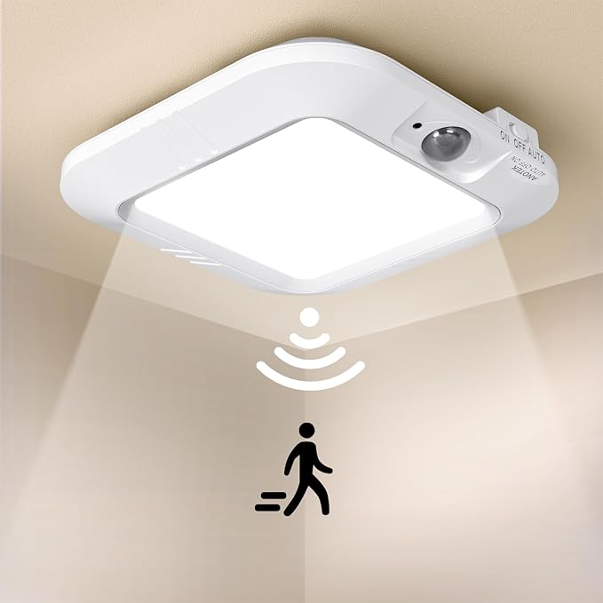 Battery Operated Ceiling Light, Motion Sensor Light Indoor | Battery Powered, Motion Activated, Easy-Install for Closet Stair Pantry Hallway Shed Laundry, Daylight Auto On/Off