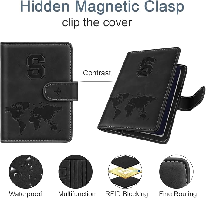 Passport Holder for Travel Essentials Personalized Initial Wallets | Embossed Letter A-Z Design, RFID Blocking, Passport Cover, Passport Book Holders, Men Women, Personalized Gifts, Black-S