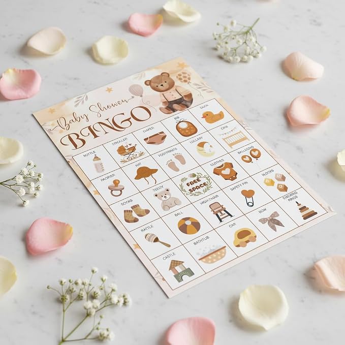 Baby Shower Bingo Game Cards Set for Guests Adults, Brown Bear Woodland Baby Shower Party Bingo Game Gender Reveal Bingo Game for Family Friends Large Group Activity, Favors Supplies Decorations