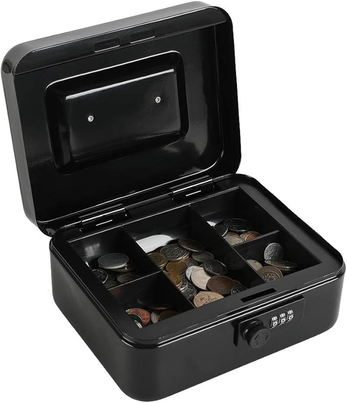 xydled Steel Cash Box Safe with Combination Lock,Money Safe Box with Removable Coin Tray,Medium,7.87"x 6.30"x 3.54",Black