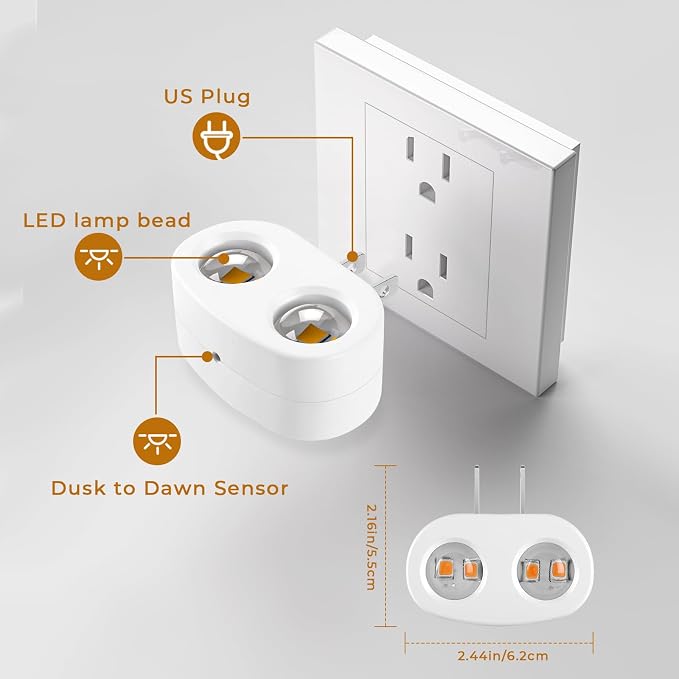 4 Pack Night Light, Plug-in Wall NightLights with Rotatable, Dusk to Dawn Sensor, 2700K Warm White 100 Lumens, Energy Saving 1W LED, for Kids Room Bedroom Bathroom Kitchen Hallway