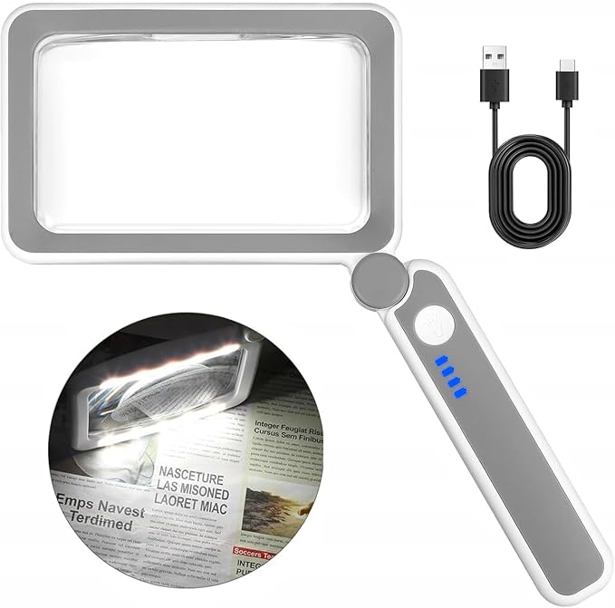Magnifying Glass Rechargeable 5X with Light,Handheld Magnifying Glass,Close Work Reduce Eye Strain, LED Lighted Rectangle Magnifier for Reading Book Small Print for Seniors Low Vision