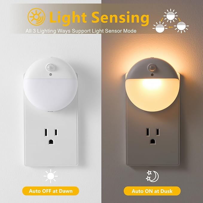 2 Pack Plug in Night Light with 3 Lighting Ways, Stepless Dimming, Light Sensor, Warm White Nightlight for Bathroom, Hallway, Stairs, Bedroom, Kitchen, Kids, Girls, Boys, Adults