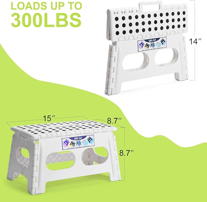 Delxo 9 Inch Folding Step Stool for Kids and Adults,15-Inch Extra Wide Height Large Platform Heavy Duty Stepping Stool More Safe and Comfortable Non Slip Foldable Step Stool White