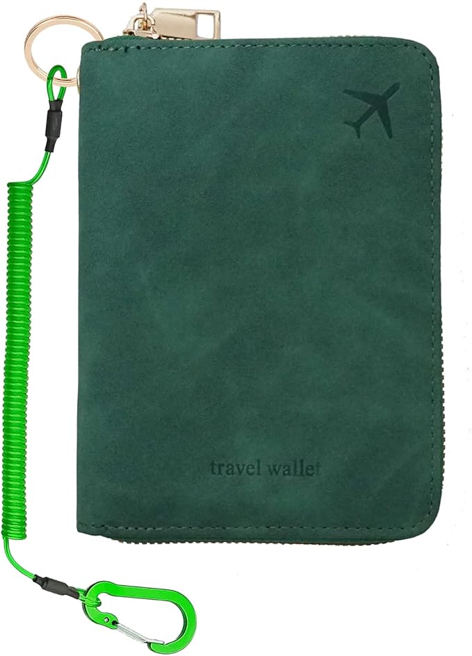 Passport Holder with Tether and Carabiner Clip to Prevent Loss and Theft, Rfid Passport Holder for Travel, Passport Cover, Wallet & Case for Men and Women (Green - Tether and Carabiner)