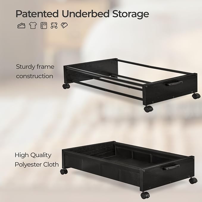 FOUCSSOMEI Under Bed Storage with Wheels, Wooden Under Bed Drawers On Wheels, Rolling Under Bed Shoe Storage, Space Saving, Black,50L