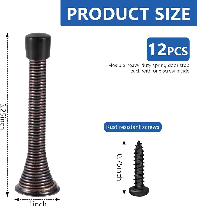 KISEER 12 Pack Spring Door Stops 3 1/4 Inch Flexible Heavy Duty Spring Door Stopper with RustProof Screw Rubber Bumper Tips (Antique Brass)