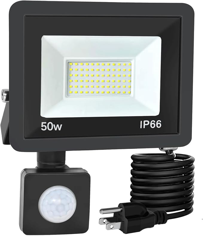 50W Plug in Motion Sensor Lights Outdoor, 5500LM Motion Flood Light Dusk to Dawn, IP65 Waterproof Led Security Light Outside, Motion Activated Wall Light for Garage, Porch, Yard