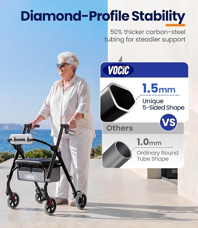 VOCIC Z11 Rollator Walkers for Seniors with Seat, 500 LBS Load, Ultra Wide | High-capacity support, 23" wide frame, ergonomic seat, dual brakes, and slim fold for home, shopping & daily walks, Black