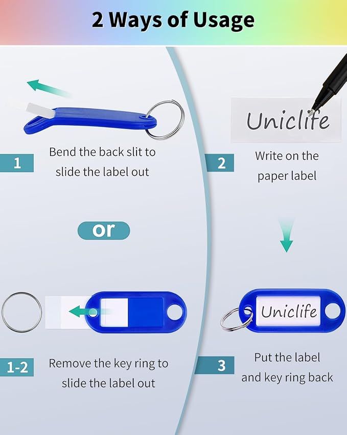 Uniclife 30 Pack Key Tags with Blank Labels, Clear Windows & Split Rings | 2 styles of key tags with writable blank paper labels and clear covers keep labels protected, visible and easy to identify