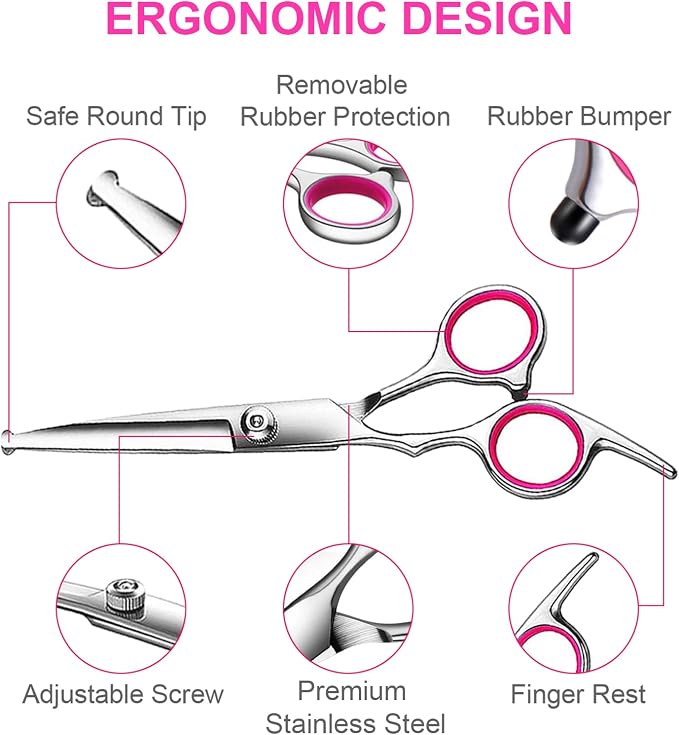 TINMARDA Dog Grooming Kit, Professional Stainless Steel Dog Grooming Scissors with Curved Shears, Pink Finger Rings - 4 Piece Sharp Durable Pet Shears for Dogs Cats At Home Salon-Quality Grooming