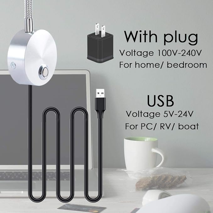 Adust Reading Lights for Books in Bed, Bedside Reading Lamp, RV Boat Reading, DC 5V-240V 3W LED Touch Dimmable Brightness Wall Mount Lamp, Adjustable Colour Temperature, 3000k, 4000k, 6000k(Black)