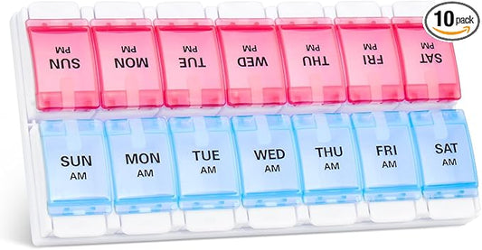 Sukuos Weekly Pill Organizer 7 Day 2 Times A Day, AM PM Medicine Pill Box with Easy Push Button, BPA Free Vitamin Cases for Fish Oil/Supplements, Easy to Clean (Red&Blue)