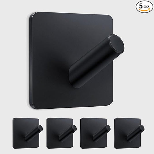 xdgeLoad Heavy Duty Hooks - 5 Pack, Non-Punching Self-Adhesive Wall Hooks for Bathrooms/Coat/Robe/Kitchen, Matte Stainless Steel Black