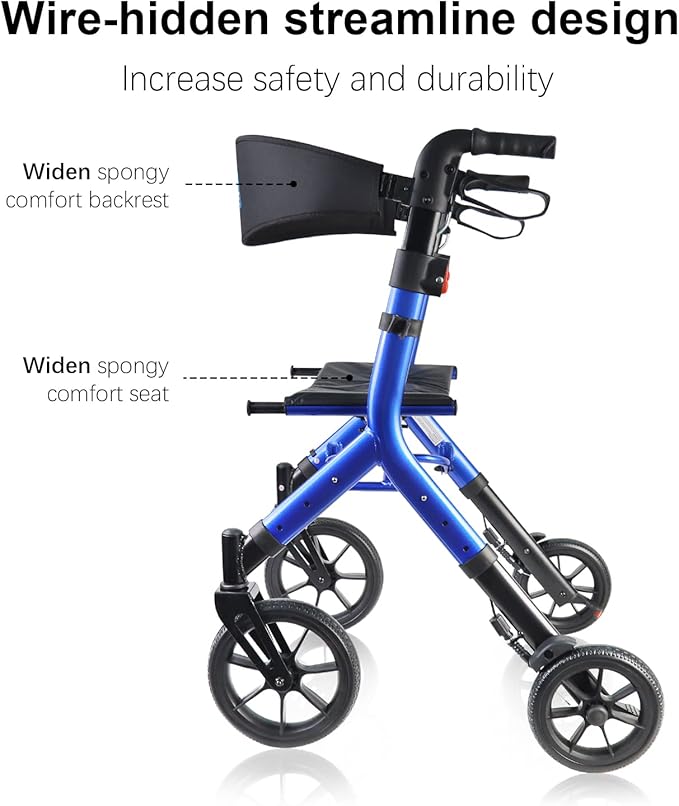 WALK MATE Rollator Walker for Seniors Taller 5.3~7ft with Height-Adjustable Seat, 10 Inch Wheels Wire-Hidden Walkers Compact Folding Design Lightweight Mobility Walking Aid Widen Backrest, Blue
