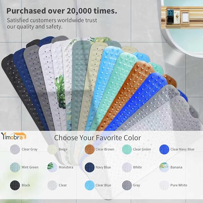 Yimobra Long Bath Tub Mat Non-Slip 40"x16", Super Strong Suction Cups, Shower Mat with Drain Holes, Machine Washable Bathroom Floor Mat, Bathroom Essentials, White