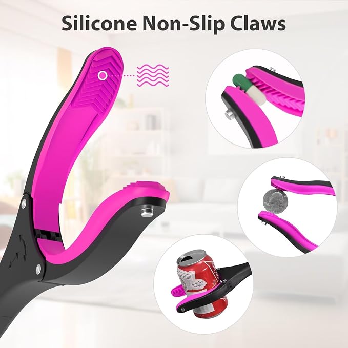 36" Grabber Reacher Tool, Foldable Reacher Grabber Pickup Tool with 360° Rotating Jaw & Two Magnets, Extra Long Trash Picker Upper Grabber, Lightweight Grabbers for Seniors, Pink | 360° Rotating Jaw, Magnetic Tip, Long Hand Grip Pickup Tool, Silicone N...