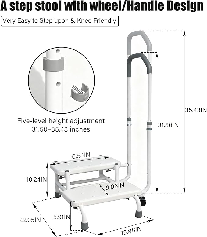 2 Step Stool for Elderly with Adjustable Handrail and Wheels, Heavy Duty Safety Bed Steps for High Beds with Non-Slip Surface, Holds 460lbs for Adults and Seniors