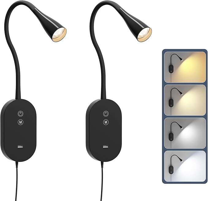 Wall Mounted Reading Light 2Pes– 4 Color Modes, 5‑Level Dimmable Reading Lamp, CRI 95+ Natural Sunlight, USB Output Charge & Auto Memory Black
