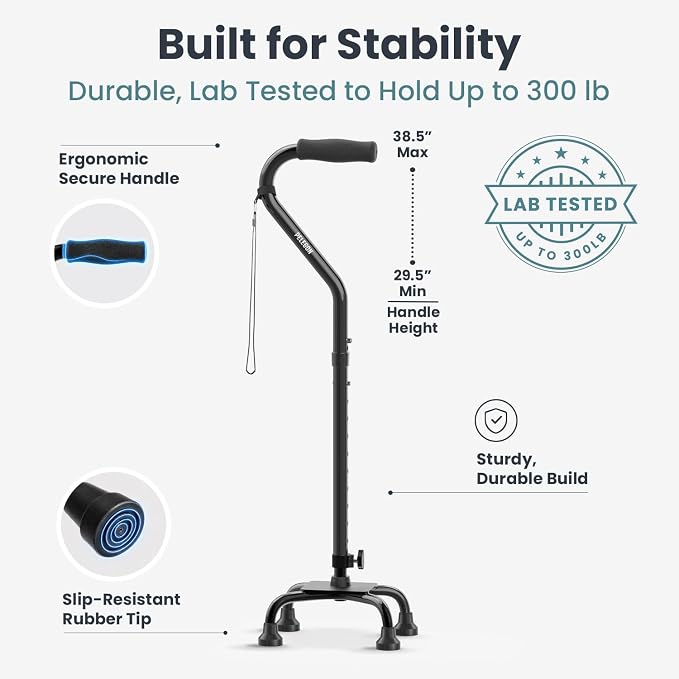PELEGON Quad Cane (300 lb) - Adjustable Walking Cane with A Large 4 Pronged Base for Extra Balance & Stability, Walking Canes for Seniors, Walking Cane for Men & Women, Walking Sticks