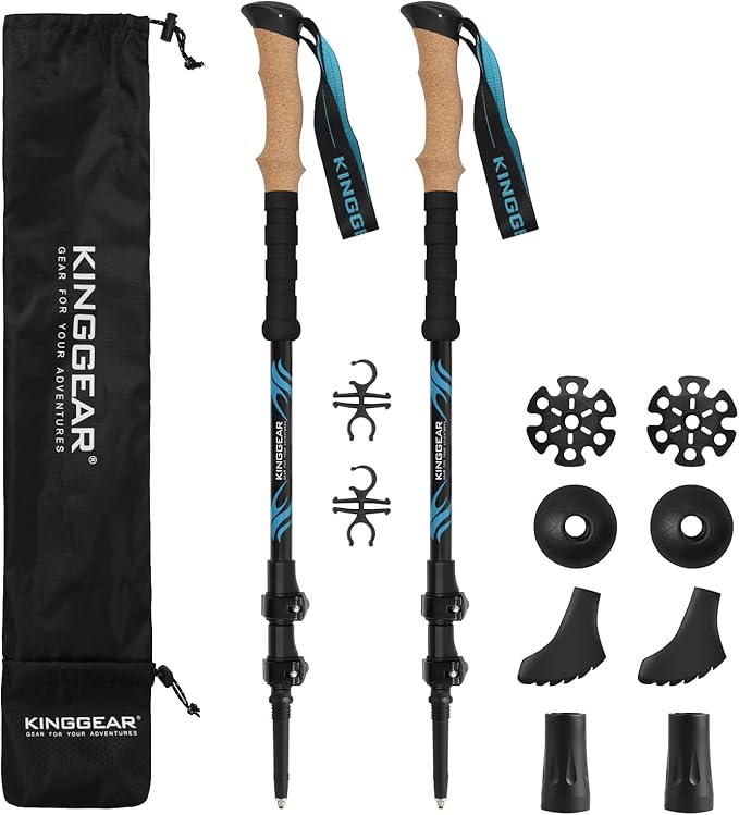 KINGGEAR TPC 100% Carbon Fiber Hiking Poles, Telescopic Retractable Nordic Trekking Poles, Ultra Lightweight Nordic Walking Stick, Metal Flip Locks, Cork and Extended EVA Handle