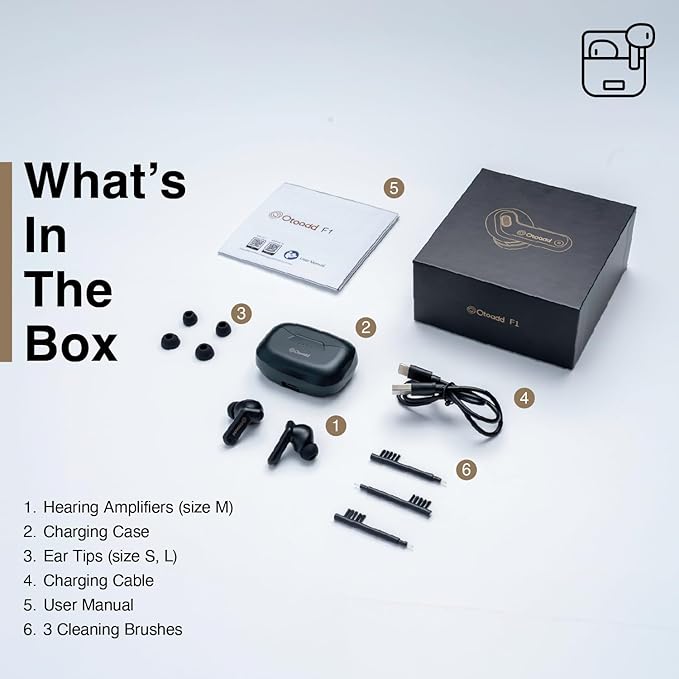 Otoadd F1-S OTC Hearing Aids for Seniors, Rechargeable Battery, Bluetooth App Control & AI Noise Reduction, Invisible Design, Includes 3 Cleaning Brushes