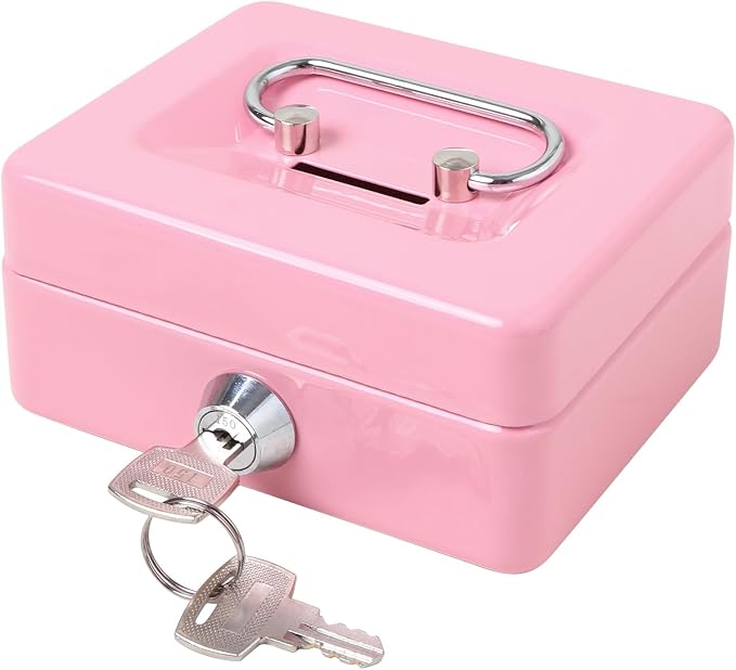 Jssmst Small Cash Box with Lock and Slot, Metal Coin Piggy Bank for Adults and Kids, Pink Locking Money Box
