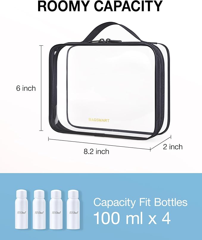 BAGSMART Clear Toiletry Bag, TSA Approved Travel Toiletry Bag Carry On Travel Accessories Bag Airport Airline Quart Size Bags water-resistant Makeup Bag for Women | Water-resistant Travel Toiletry Bag, Carry On Travel Accessories Bag, Airport Airline Q...