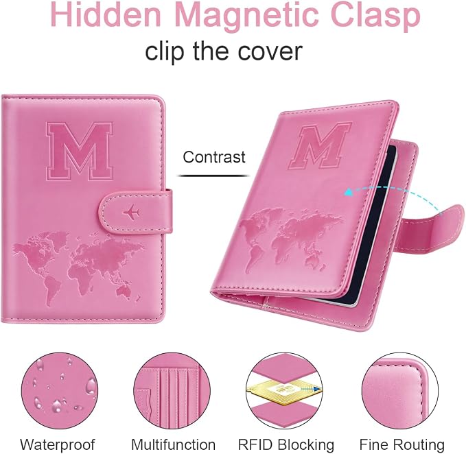 Passport Holder Cover Initial Letter A-Z Travel Wallet Personalized | Travel Essentials, Embossed Design, RFID Blocking, Personalized Gift, Passport Book Holders for Women Girls, Pink-M