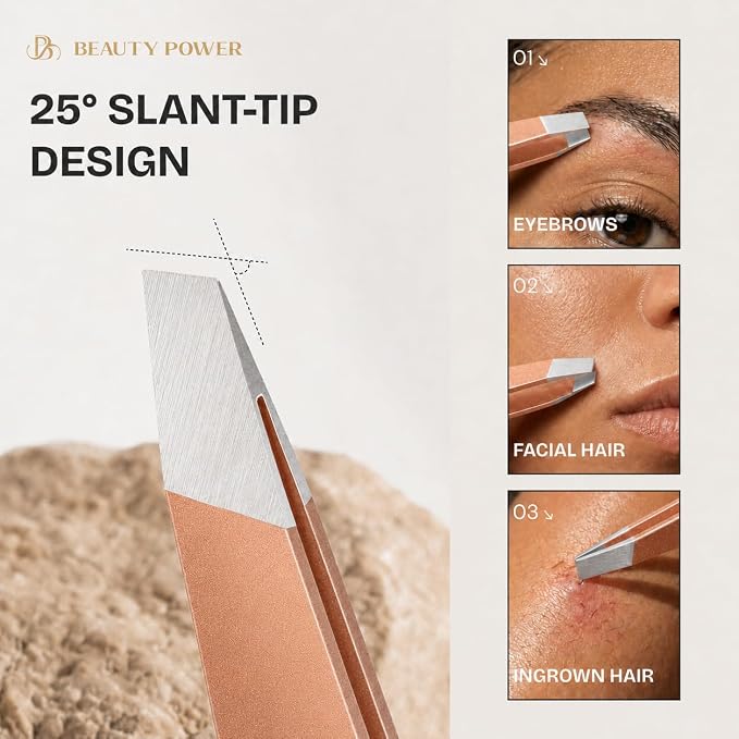 Beauty Power Slant Tip Precision Tweezers - Stainless Steel Eyebrow Tweezers for Women & Men - Precision Tweezers for Facial Hair, Ingrown Hair & Brow Shaping - Professional Beauty Tool (Rose Gold)