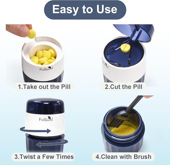 Fullicon 3 in 1 Pill Crusher Fine Powder with Stainless Steel Grinding Head, Pill Grinder for Elderly & Pet, Pill Cutter Splitter with Storage, Triturador de Pastillas with Free Brush (Indigo)