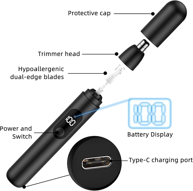 Smity Nose Hair Trimmer, Rechargeable Cordless Painless Ear Eyebrow Trimming Tool Dual Edge Blades Razor Easy Cleansing with LED Light for Man Woman
