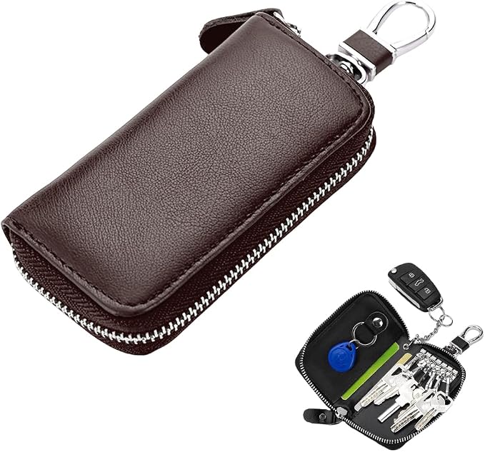 Leather Car Key Holder Bag, Unisex Key Fob Case with 6 Hooks, Zipper Closure Keychian Case Wallet for Smart Keys (Coffee)