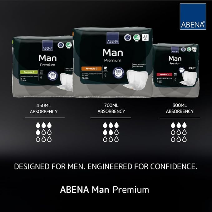 Abena Man Formula 1 Incontinence Pads for Men, 15 Count, Eco-Friendly, Breathable, Comfortable, Absorbs up to 15.2 fl oz